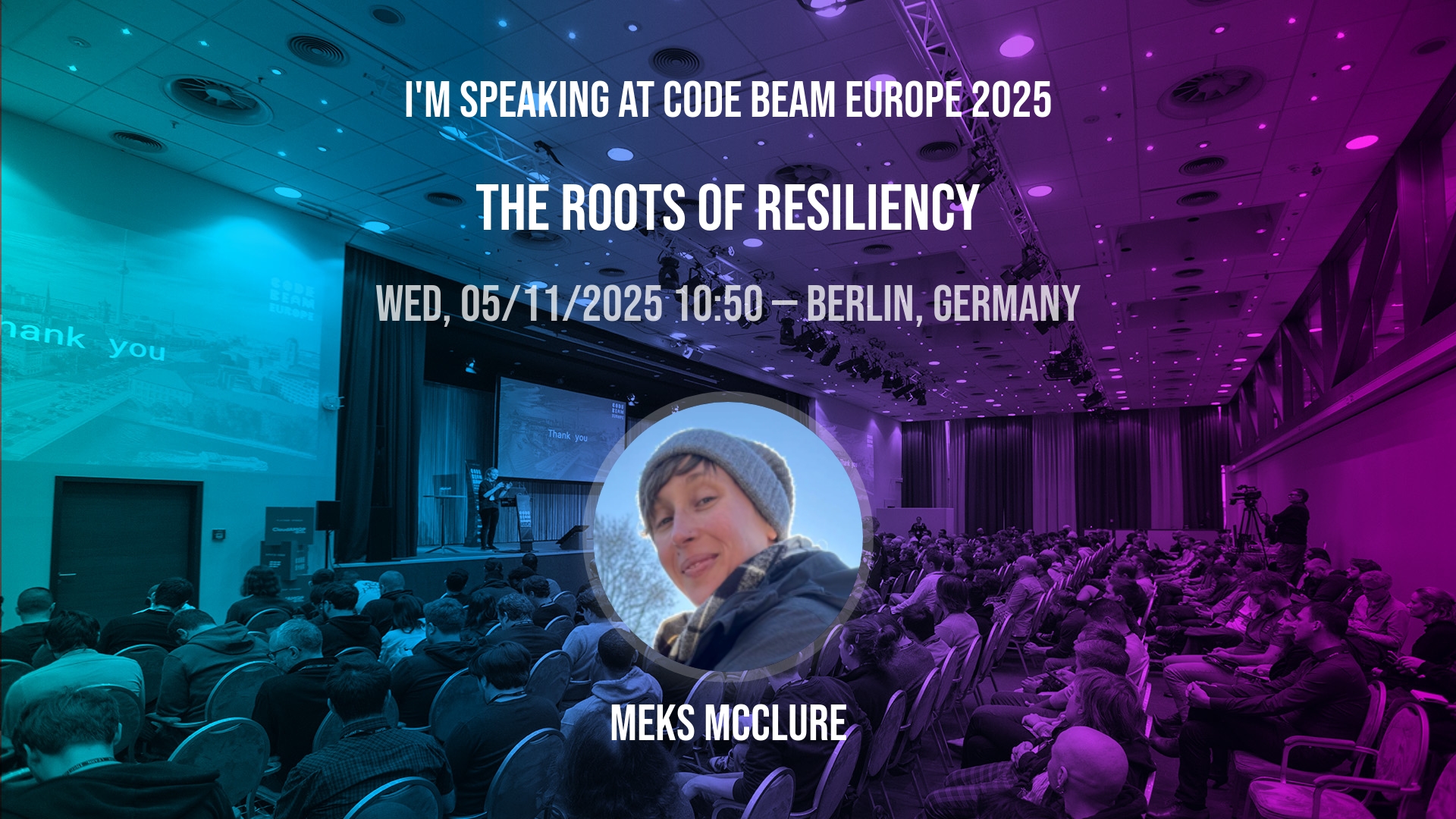 Code BEAM Europe 2025 speaker announcement featuring Meks McClure